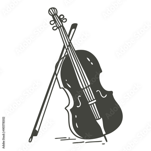 Vintage violin and bow illustration in black and white  