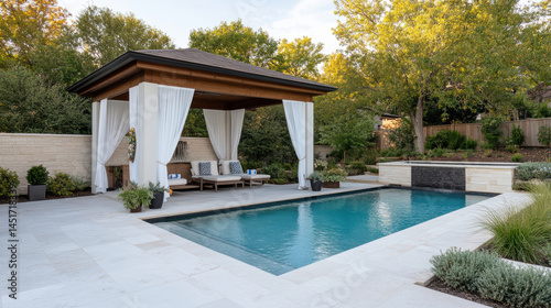 Luxurious poolside cabana with sheer curtains and serene atmosphere, perfect for relaxation