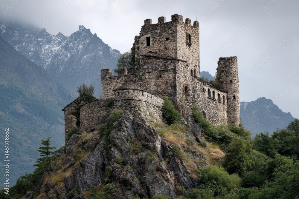 Ancient Stone Castle Standing Majestically on a Rocky Hilltop Surrounded by Lush Greenery and Towering Mountain Peaks Under a Cloudy Sky Symbolizing History Strength Ancient Stone Castle Standing Majestically on a Rocky Hilltop Surrounded by Lush Greenery and Towering Mountain Peaks Under a Cloudy Sky Symbolizing History Strength