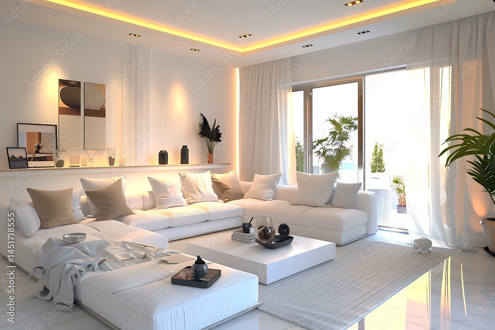 Fototapeta premium Stylish living room interior with coffee table and white sofa with decor