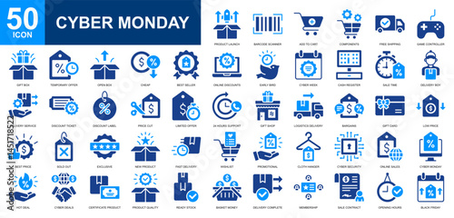 Cyber Monday icon set collection. Ecommerce, sales marketing, product management, discount, online shopping icon. Simple glyph color vector.