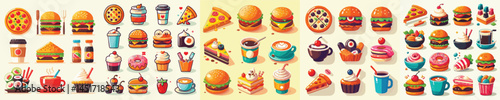 Cute Cartoon Fast Food and Drinks Vector Set – Pizza, Burger, Coffee, Dessert