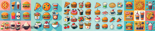 Cute Cartoon Fast Food and Drinks Vector Set – Pizza, Burger, Coffee, Dessert