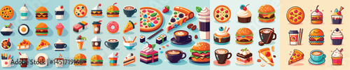 Cute Cartoon Fast Food and Drinks Vector Set – Pizza, Burger, Coffee, Dessert