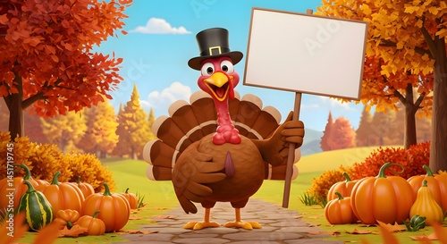 Cartoon Turkey with Sign in Autumn Landscape