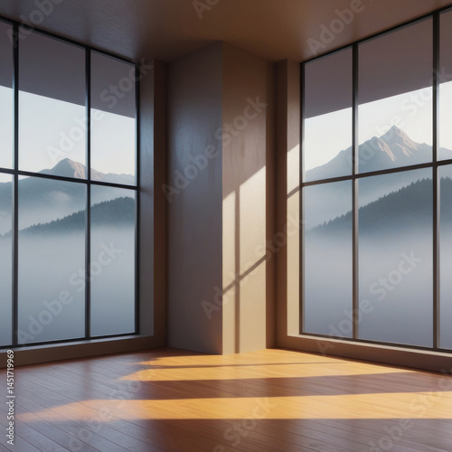 Empty modern room with large windows and mountain view in natural light