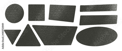 Grainy textured geometric shapes set. Text boxes frames with noise pack. Trapezium, rectangles, oval and circles. Vector hand drawn quotation stickers shapes. Grunge geometric callout figures.