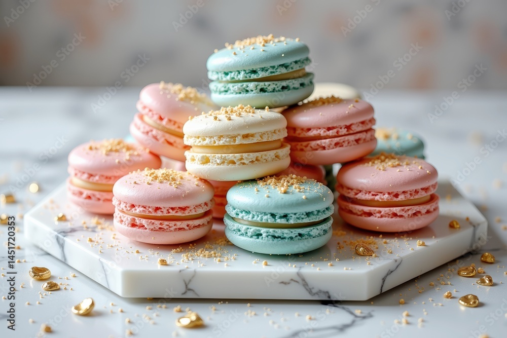 Fototapeta premium Colorful macarons arranged on a marble plate with golden sprinkles