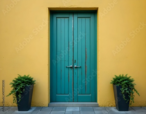 turquoise double door yellow wall potted plants