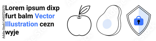 Apple and avocado represent wellness and nutrition, while shield with lock symbolizes data security. Ideal for health, diet, technology, cybersecurity, wellness, protection, flat landing page banner
