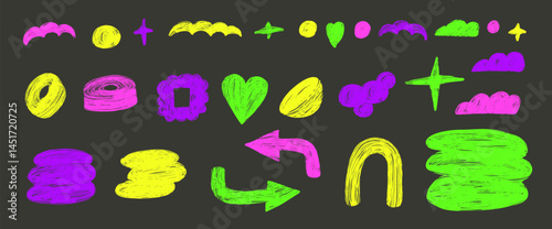 Neon colors abstract shapes highlights set. Naive vibrant colors crayon doodle figures on dark background. Text boxes and stickers collage elements. Vector y2k illustration by marker.