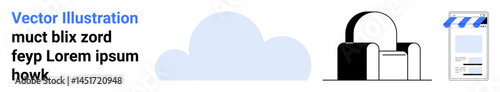 Cloud in blue tones, black lock symbolizing security, and storefront interface for e-commerce. Ideal for cloud technology, cybersecurity, data storage, online shop, e-commerce, web solutions simple