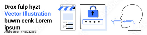 Smartphone storefront app, security padlock with masked password, and profile using voice authentication. Ideal for mobile security, authentication, e-commerce, technology, privacy, biometrics