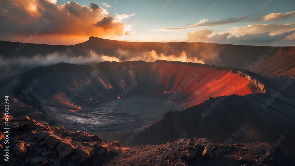 Fototapeta premium Volcano Crater View at Sunset Landscape
