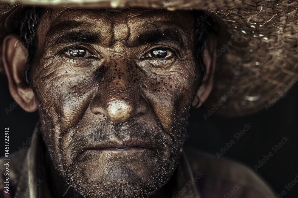 Portrait of a Weathered Man with Straw Hat and Expressive Eyes Portrait of a Weathered Man with Straw Hat and Expressive Eyes