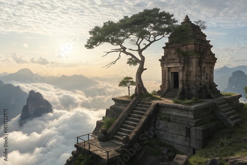 Ancient temple on mountain peak surrounded by clouds at sunrise scenery view