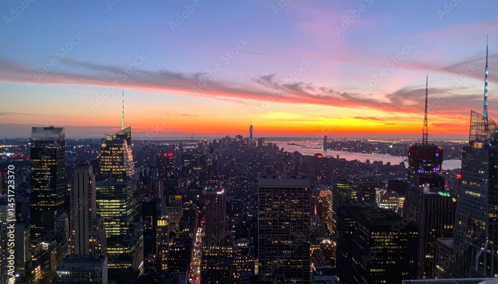 Fototapeta premium Stunning sunset over new york city skyline urban landscape aerial view evening atmosphere vibrant colors