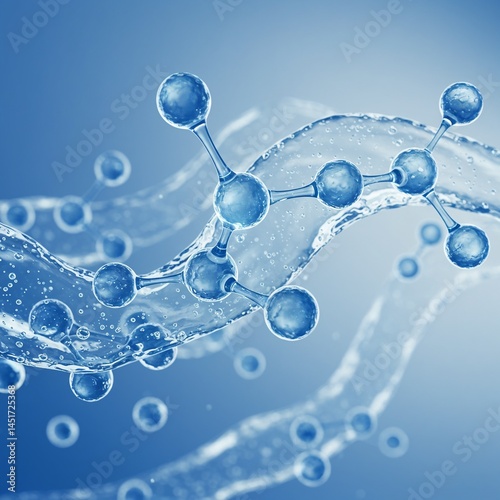 Molecular structure of moisturizing serum depicted in a fluid design with blue atoms and water waves
