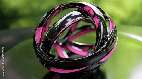 Abstract, glossy, black and pink, intertwined rings sphere
