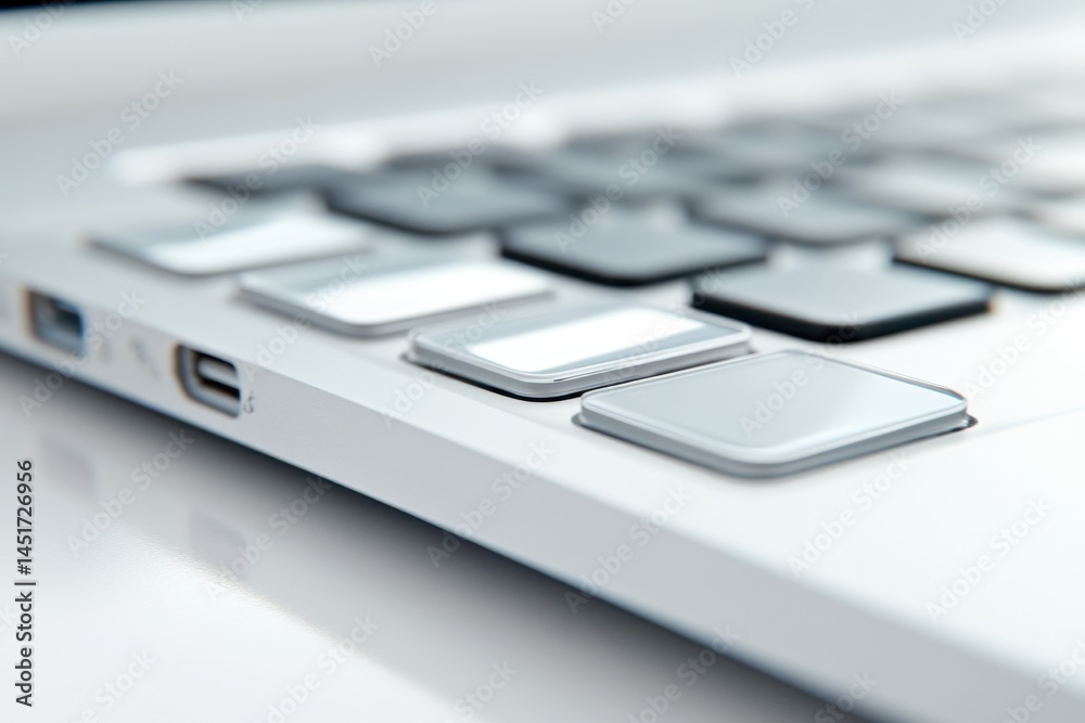 Close-up view of a laptop keyboard with modern, sleek design. White keys with a glossy finish are highlighted. Laptop edge features ports Close-up view of a laptop keyboard with modern, sleek design. White keys with a glossy finish are highlighted. Laptop edge features ports