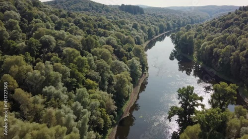 Aerial pan over serene forest river valley in sunlit afternoon
