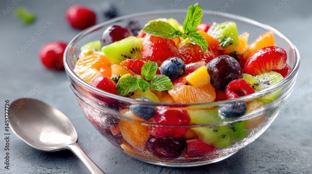 A colorful bowl of fruit salad with a silver spoon A colorful bowl of fruit salad with a silver spoon