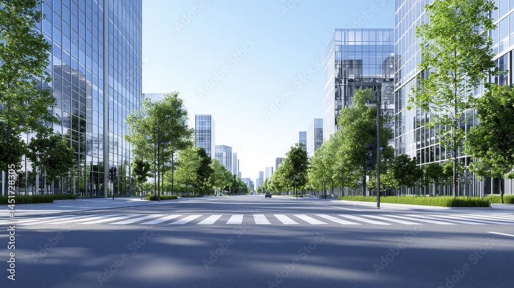 Obraz premium wide city street lined with glass skyscrapers and greenery, showcasing modern urban landscape. scene evokes sense