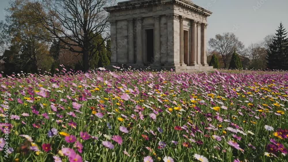 Blooming spring meadow with temple background in vibrant colors and gentle breeze Blooming spring meadow with temple background in vibrant colors and gentle breeze