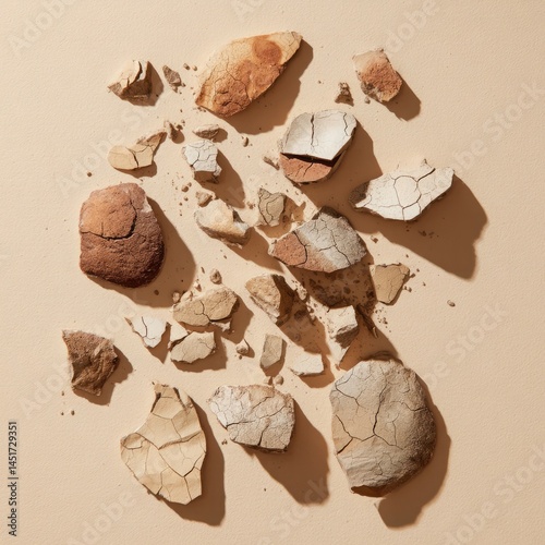 Cracked earth texture background featuring dry soil fragments and debris