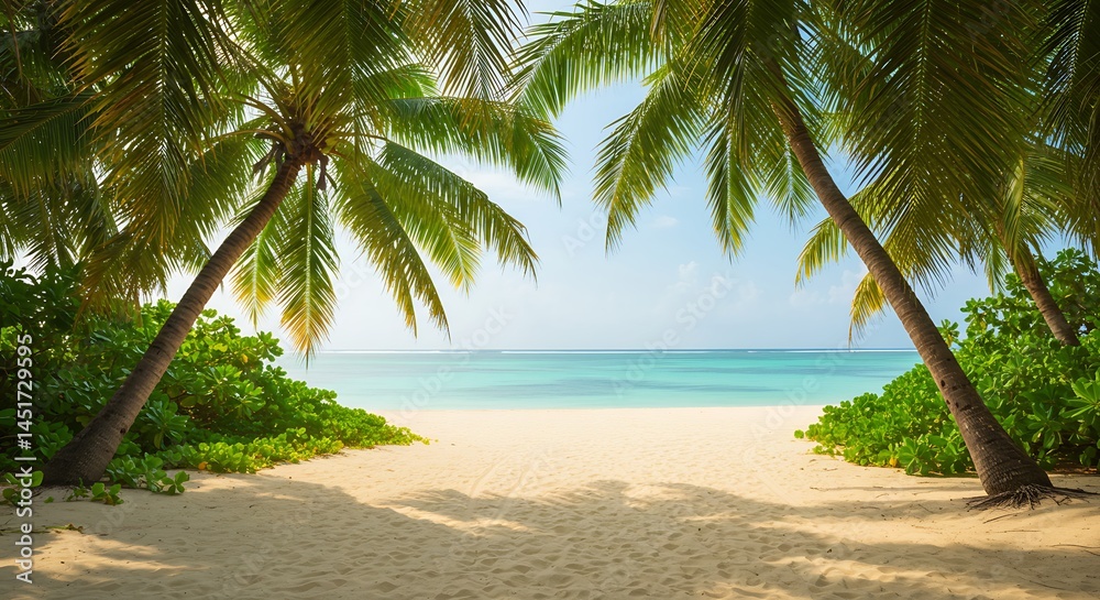 Obraz premium Tropical beach paradise framed by palms