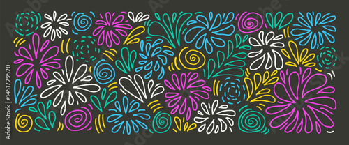 Firework line hand drawn n set. Party multicolor firecrackers and splashes in doodle style isolated on dark night background. Carnival scribble decoration. Vector illustration by pencil and chalk.