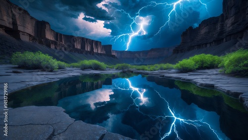 Lightning over Water in Canyon Landscape