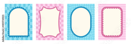 Geometric scallop frames invitation templates set. Wavy edges rectangles, ovals and arch doodle. Wave groovy borders elements on distressed trippy background. Vector squiggles decoration illustration.