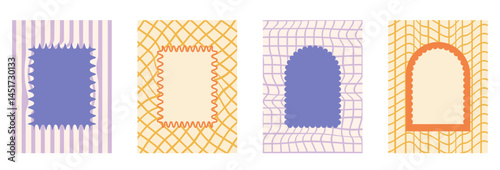 Geometric funky scallop text boxes frames set. Wavy groovy arch, rectangle borders isolated on checkered background. Wobbly y2k decorative callouts elements. Vector retro blank illustration.
