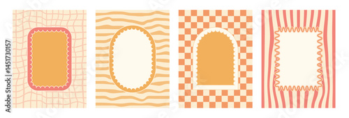 Geometric scallop funky frames set. Wavy groovy arch, rectangle and oval borders on white background. Poster with wobbly stripes and checkerboards decorative elements. Vector retro blank text box.