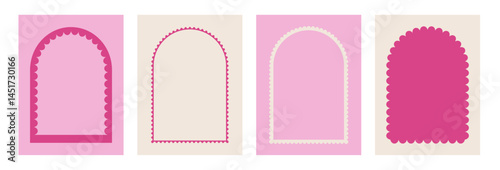 Arch scallop frames set. Wavy edges geometric doodle template isolated on Wave arc borders background. Poster invitation blank with door portal elements. Vector illustration.