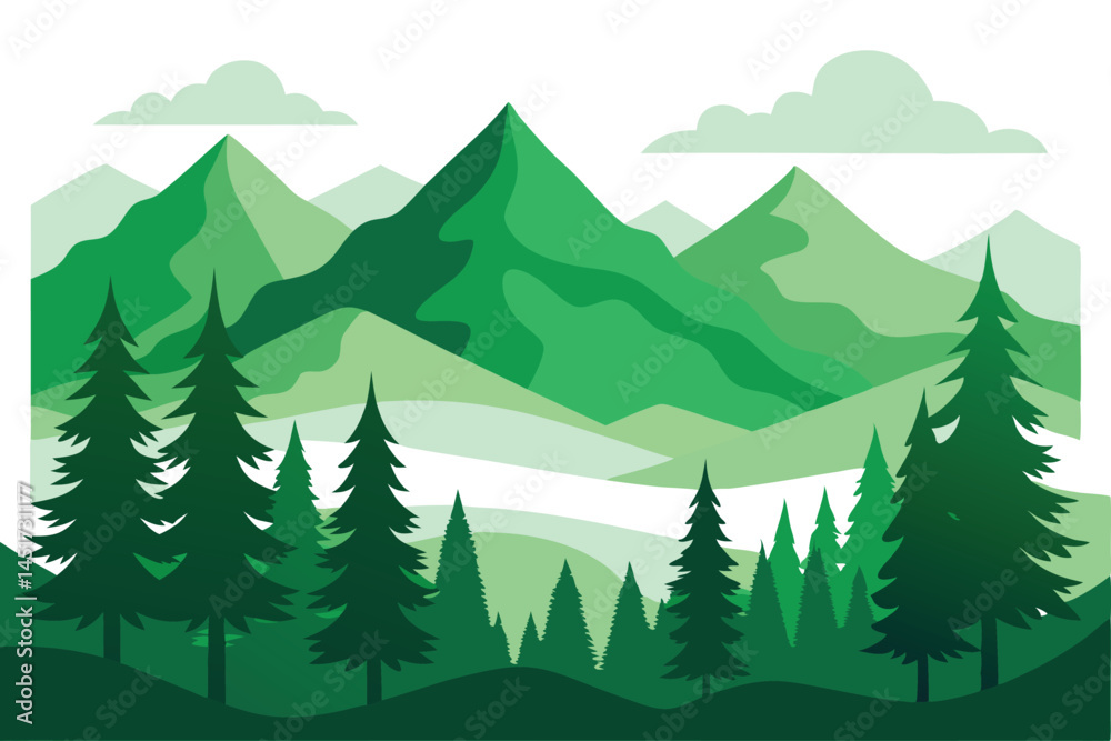 Fototapeta premium A picturesque scenery showing green pine trees and mountains under cloudy sky is visible