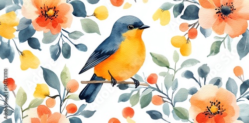 Watercolor Bird and Flowers