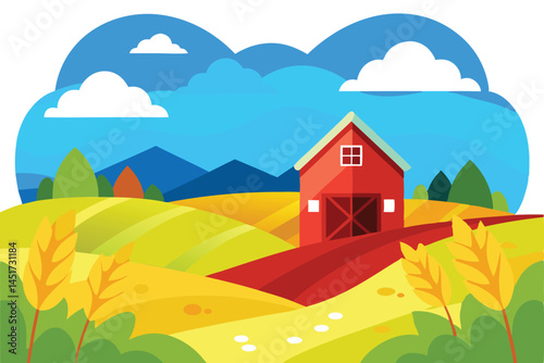 A picturesque red barn nestles amid yellow fields under a bright blue cloudy sky