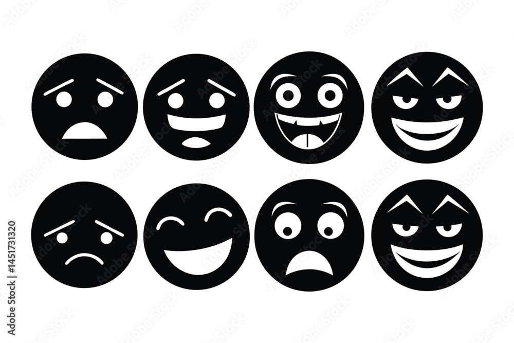 Clipart bundle, black emoticons with different facial expressions vector illustrations on white background Clipart bundle, black emoticons with different facial expressions vector illustrations on white background