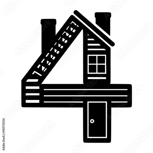 House Logo Formed in Shape of Number 4, Creative black and white vector logo combining a house with the number 4, featuring chimneys, windows, and a door—perfect for real estate branding.

