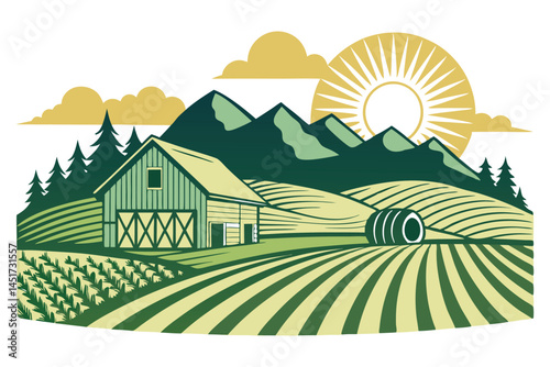 A rustic green barn sits serenely near mountains, illuminated by the rising or setting sun