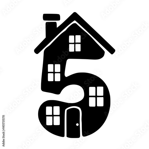 Creative House Logo in the Shape of Number 5, Black and white vector logo creatively combining a house structure with the number 5, ideal for real estate, home services, or address branding.

