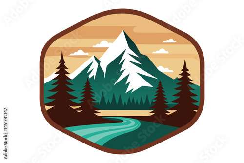 A snowcapped mountain range rises over a pristine river surrounded by towering pine trees