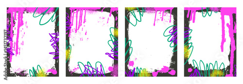 Urban grunge background frames set. Border graffiti templates with airbrush lines stroke and splashes. Ink and paint decoration design. Retro texture poster mockup overlay. Vector illustration.