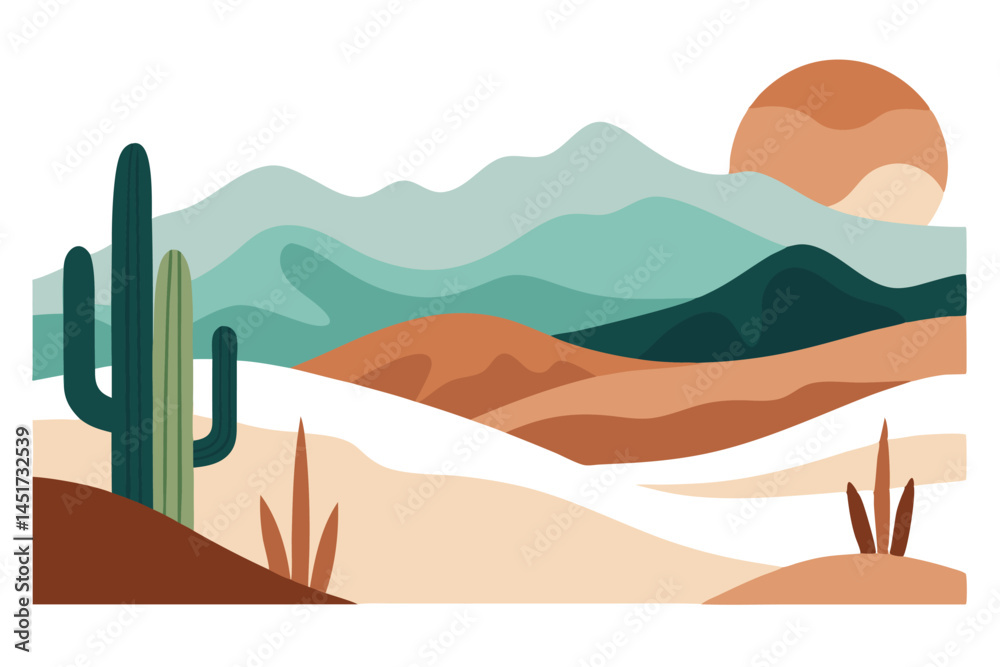 Fototapeta premium A tranquil desert landscape shows cactus silhouettes against layered mountains and a setting sun