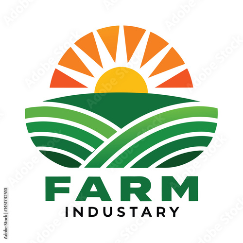 A stylized green field appears beneath a sunburst with the words farm industry displayed