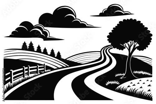 A winding road meanders through a stylized landscape, flanked by a lone tree, against white