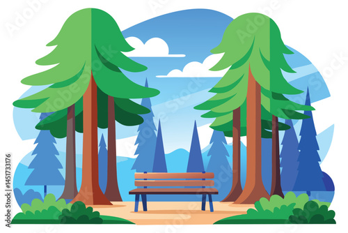 A wooden bench is situated between green trees overlooking distant mountains and a blue sky