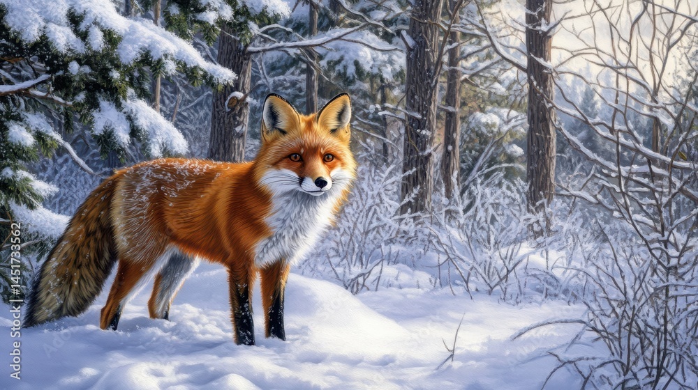 A red fox is illustrated amidst a snowy forest, featuring its striking red fur against the pristine white snow and tall, frosted trees. A red fox is illustrated amidst a snowy forest, featuring its striking red fur against the pristine white snow and tall, frosted trees.